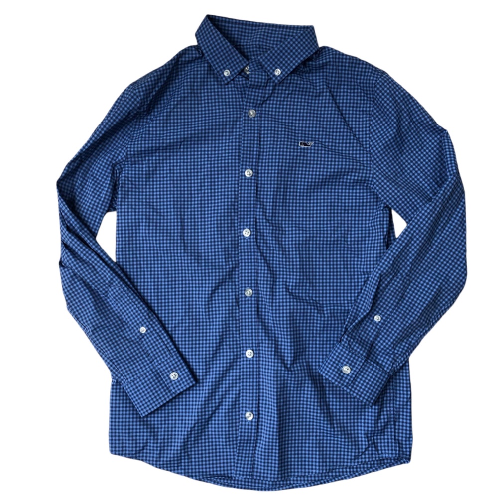 Vineyard Vines Boys Gingham Performance Button Down Whale Shirt Blue XL